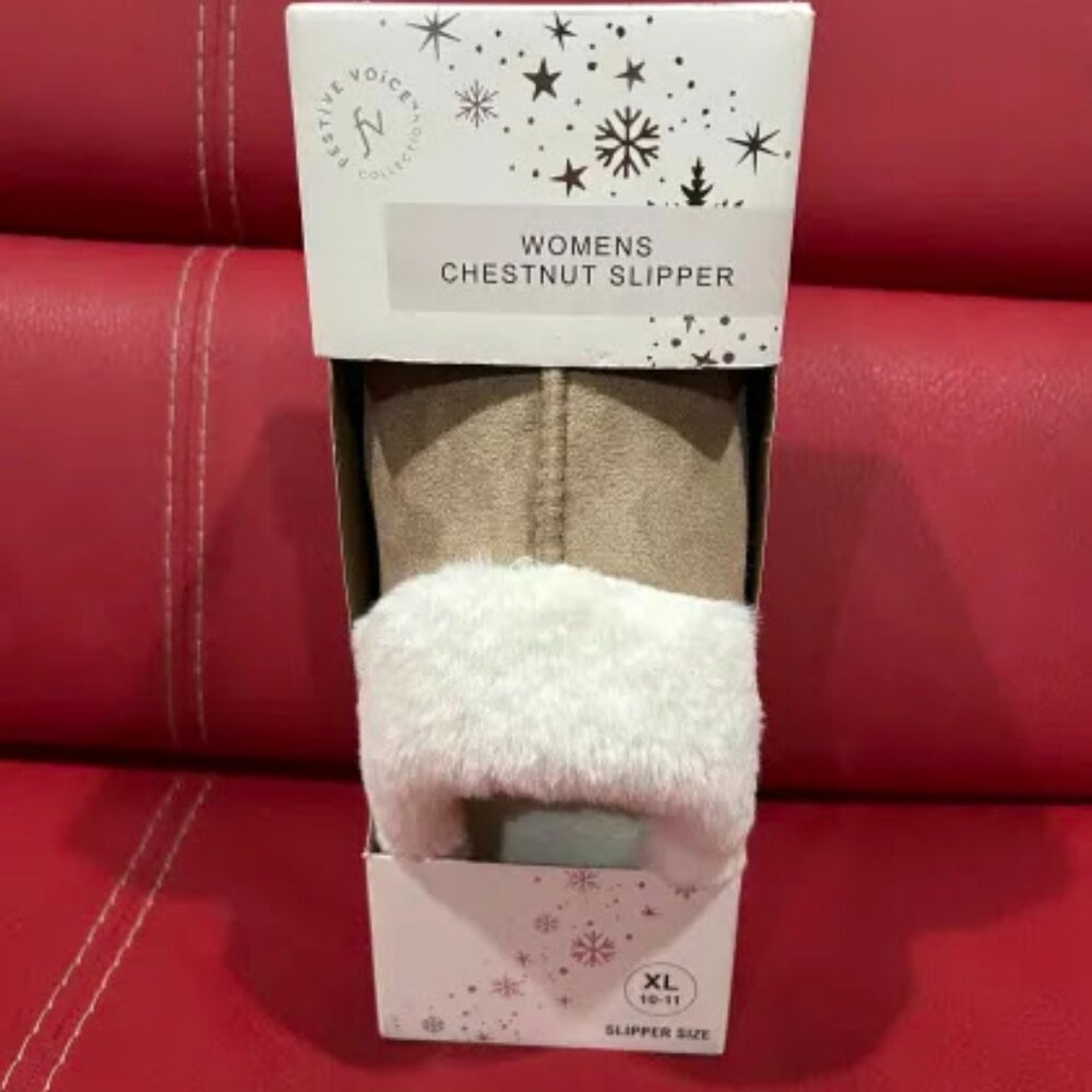 Women Chestnut Slipper Fur Shoe Size XL 10-11 - Festive Voice Collection NEW
